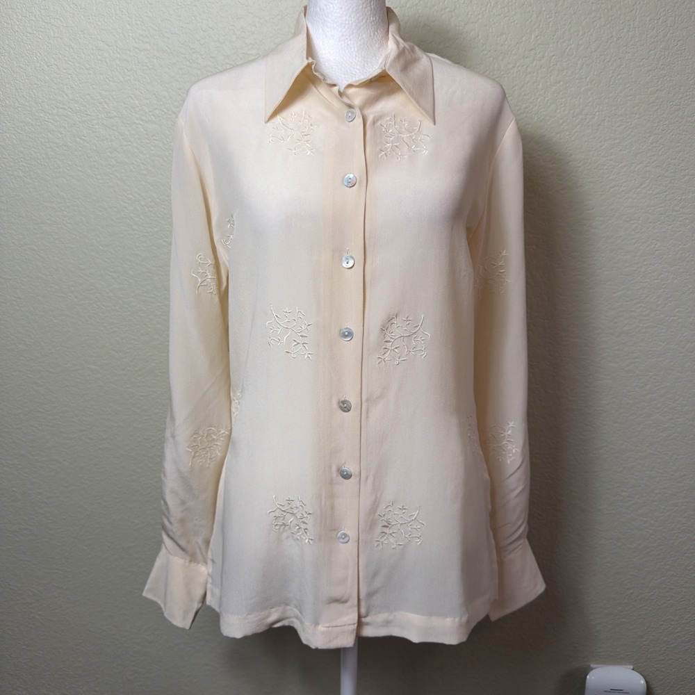 Merona Silk Shirt Womens S Cream Embroidered Jacquard Button Front Long Sleeve